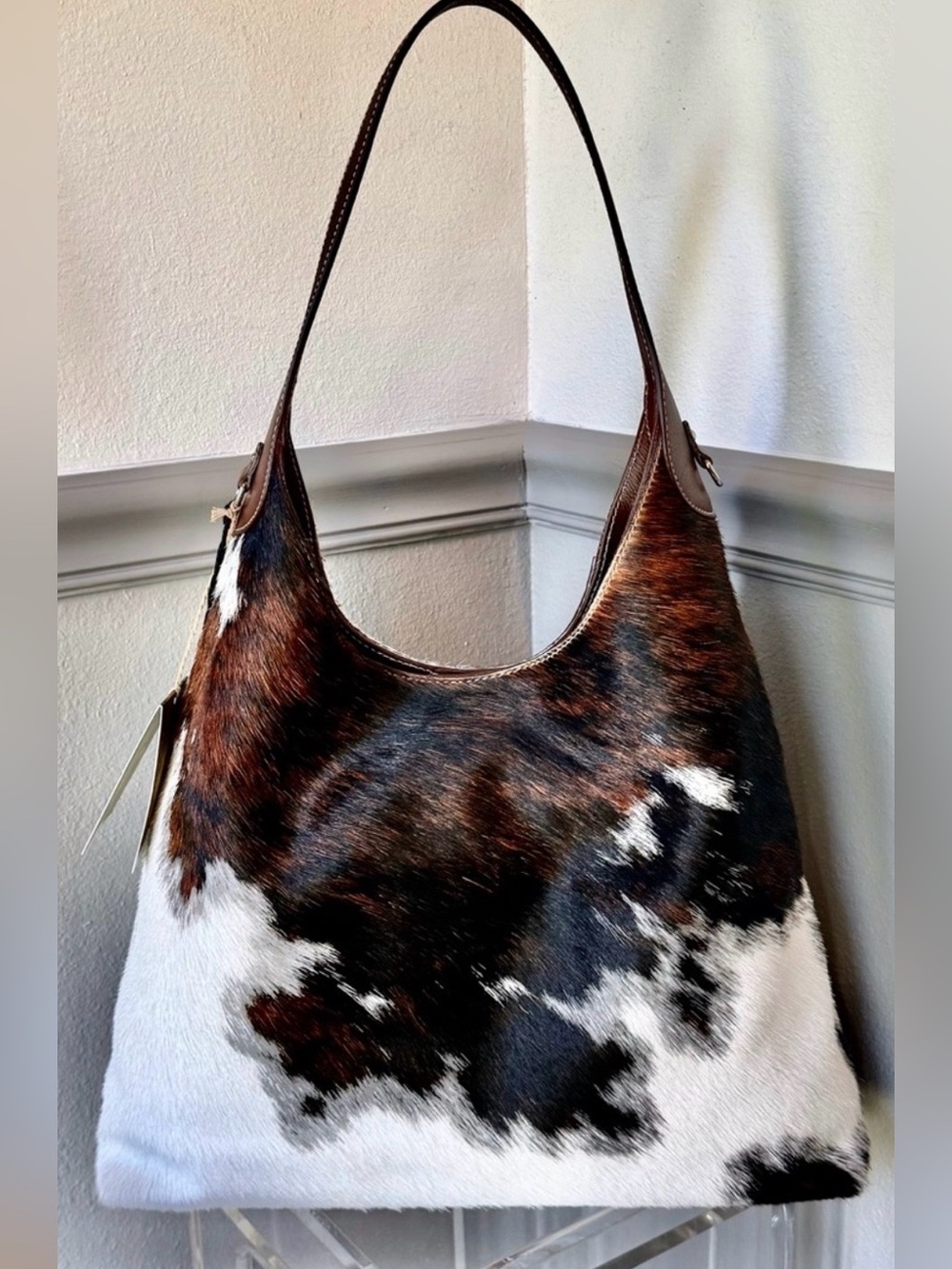 Italian Cowhide Hobo Shoulder Bag in Brown grey & white